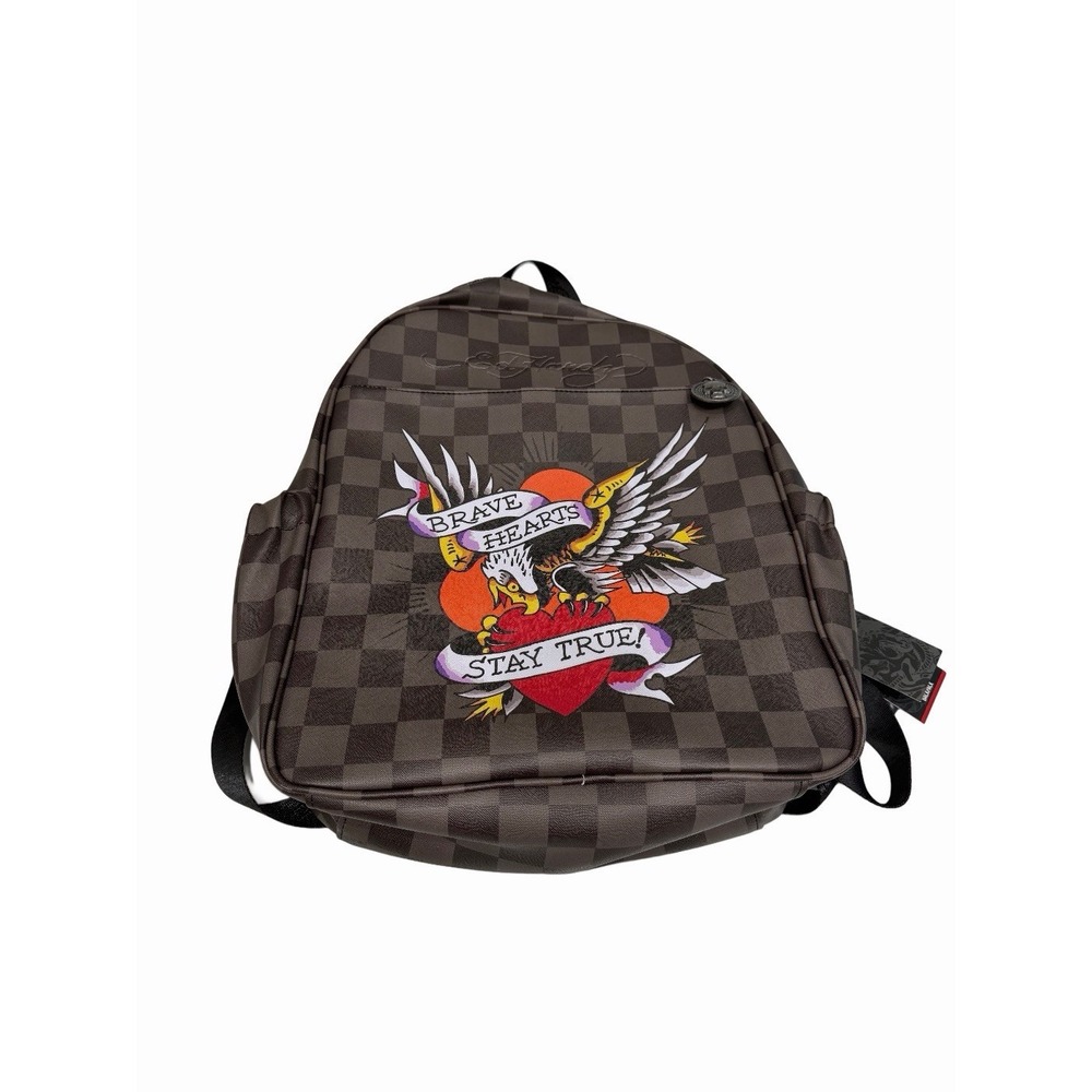 Ed Hardy Checkered Eagle Tattoo Print Faux Leather Backpack NEW!
